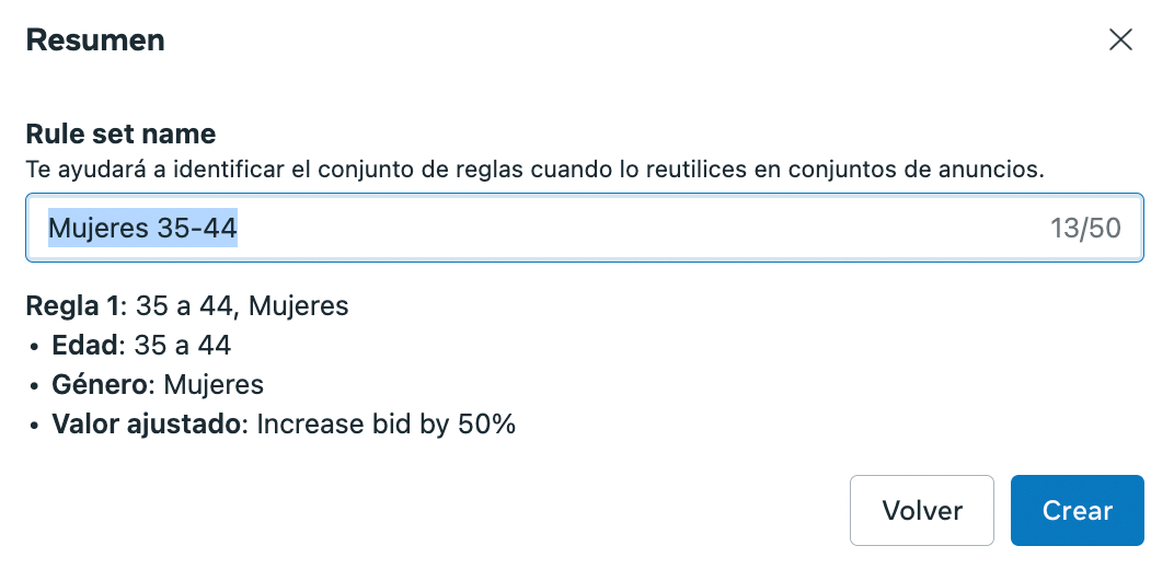 Añadir nombre a la regla de valor de Meta