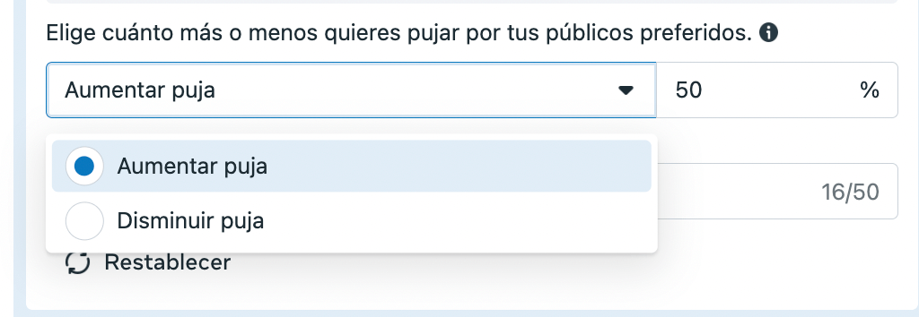 Aumentar o disminuir la puja en las reglas de valor de Meta