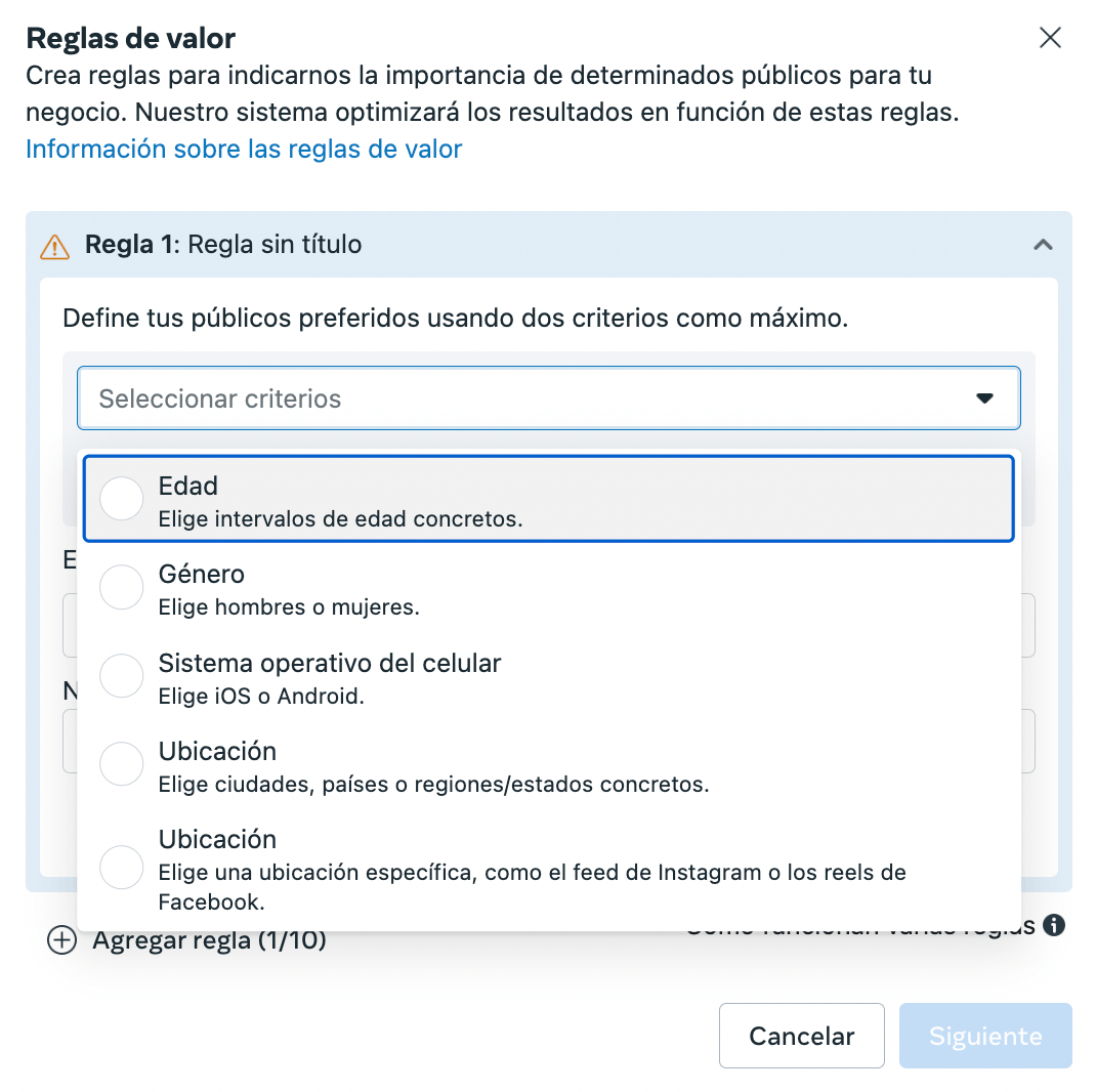 Criterios de las reglas de valor en Meta