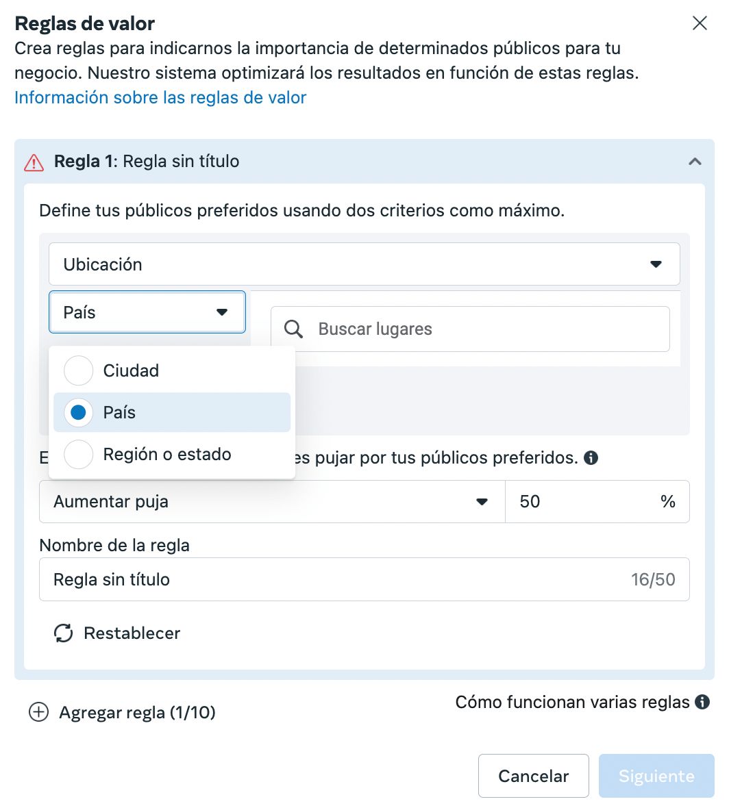 Reglas de valor de Meta por país