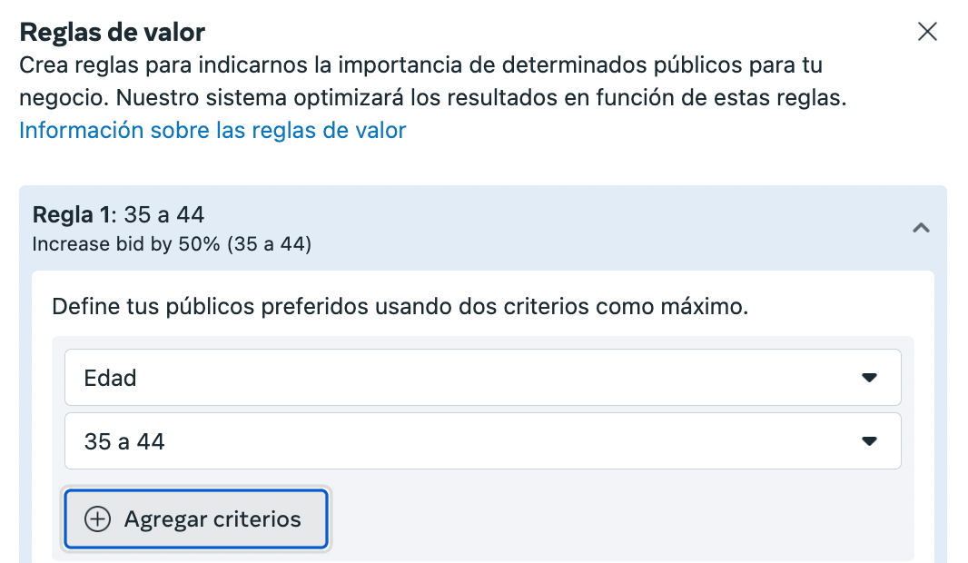 Reglas de valor en Meta: agregar criterios