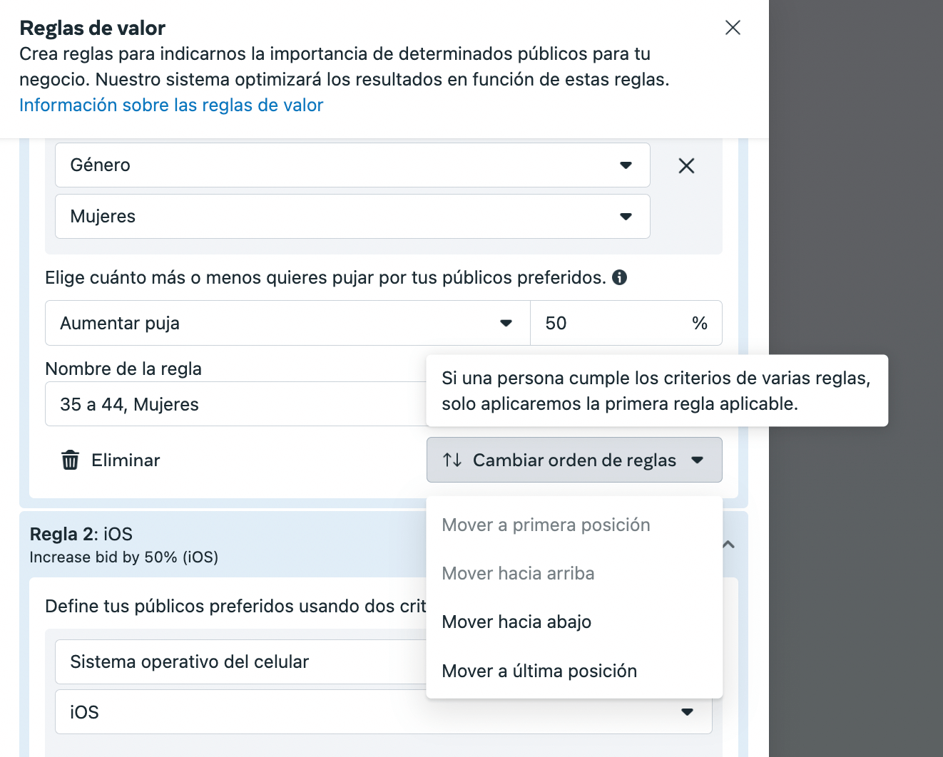 Reglas de valor en Meta: cambiar el orden