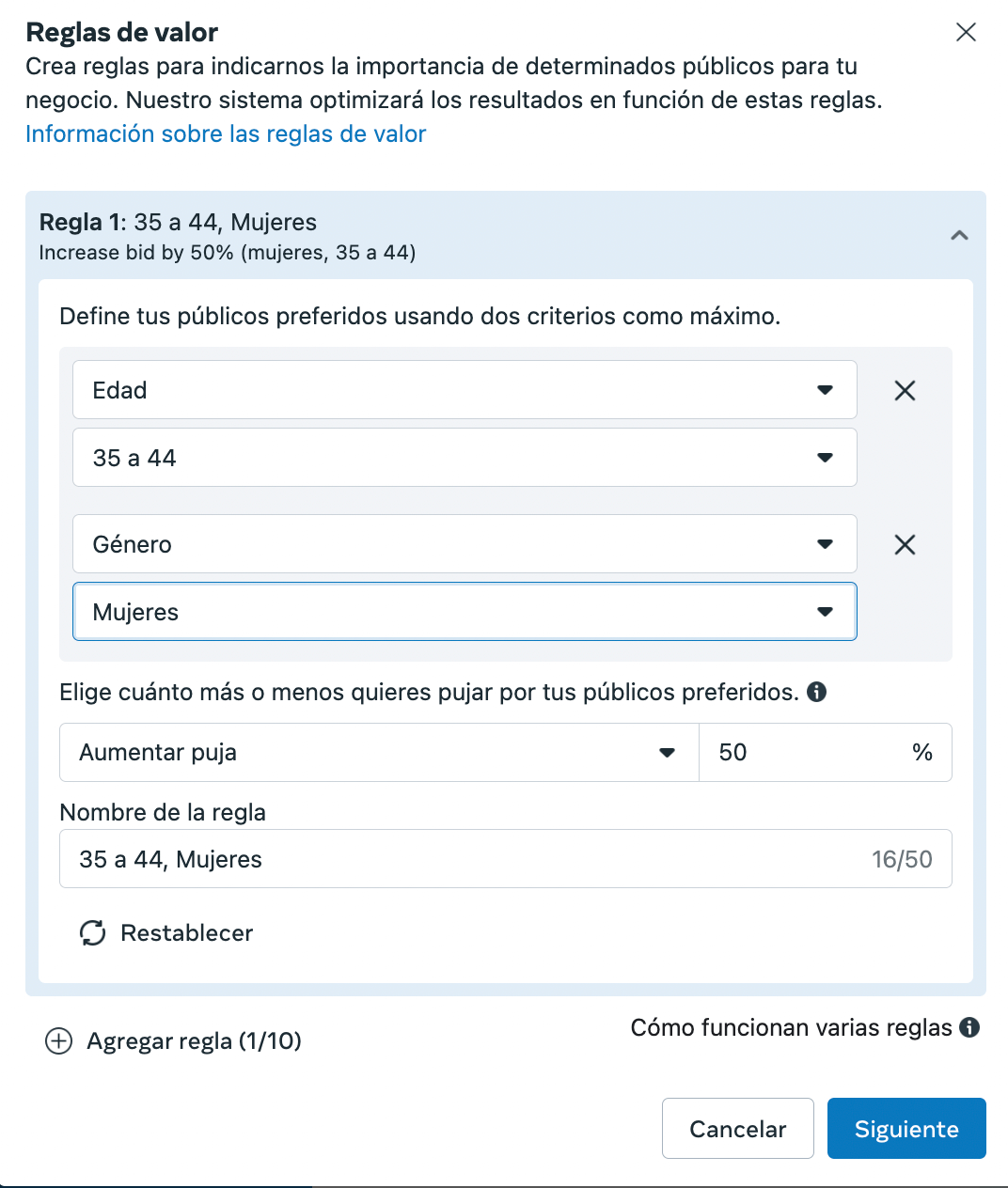 Reglas de valor en Meta con dos criterios