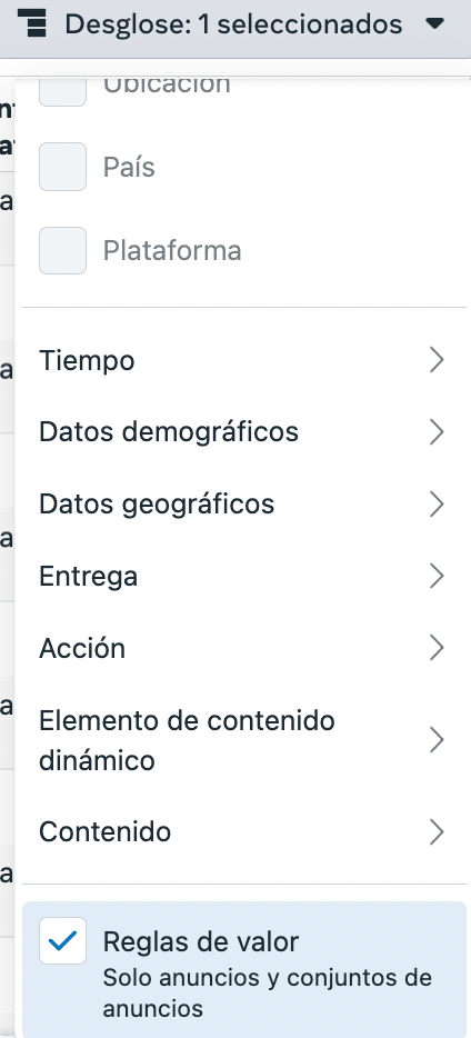 Reglas de valor en Meta: informes y desglose