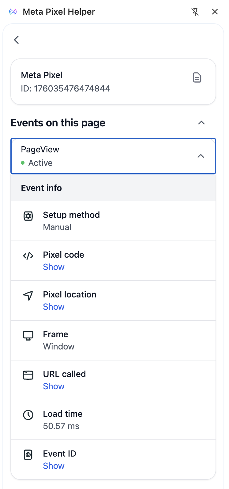 Eventos detectados en la nueva interfaz de Meta Pixel Helper