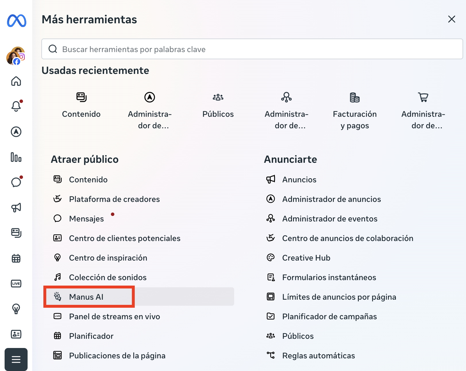 Manus AI en el Administrador de anuncios de Meta (Facebook e Instagram Ads)