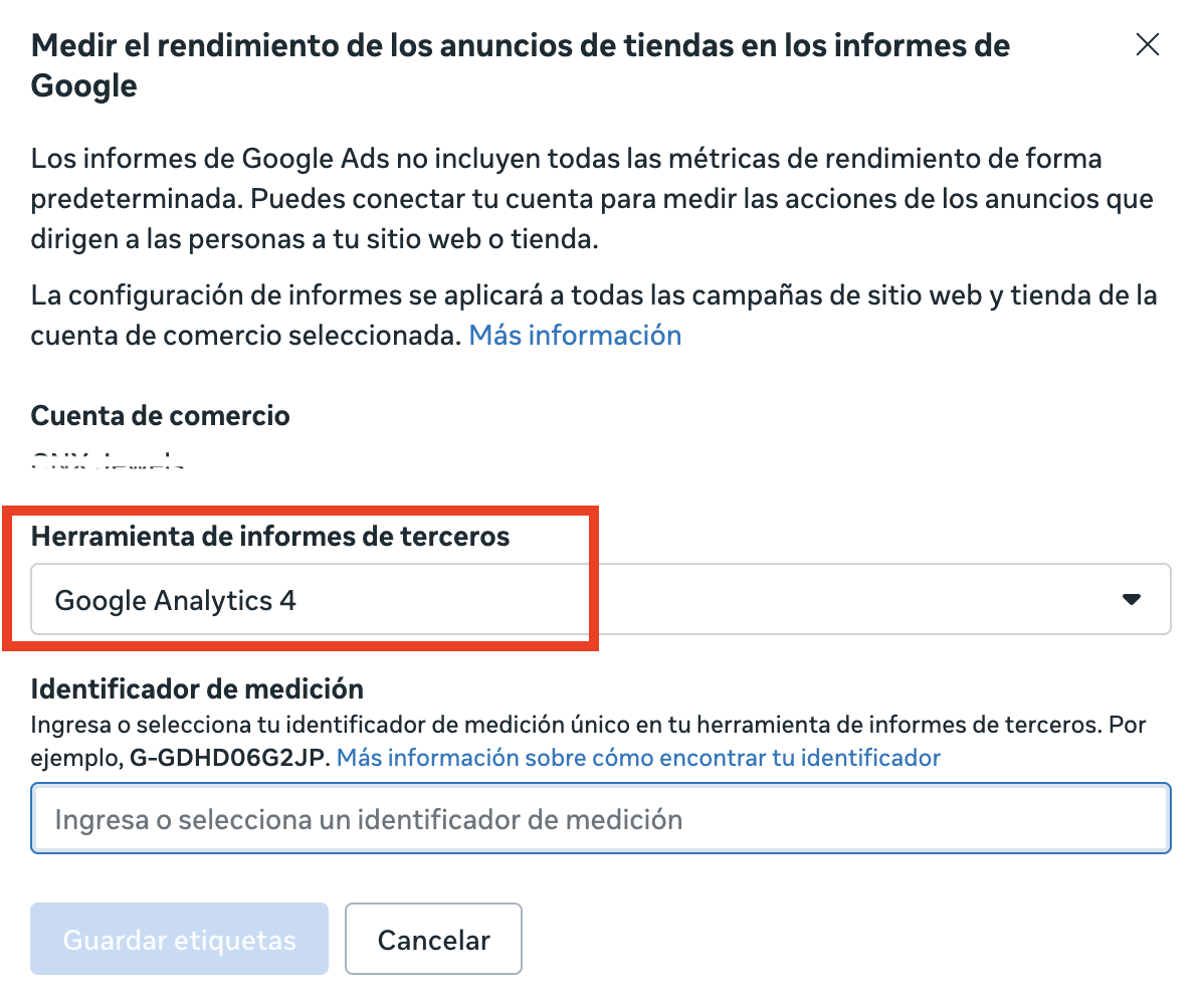 Medir el rendimiento de los anuncios de tiendas en los informes de Google en Meta