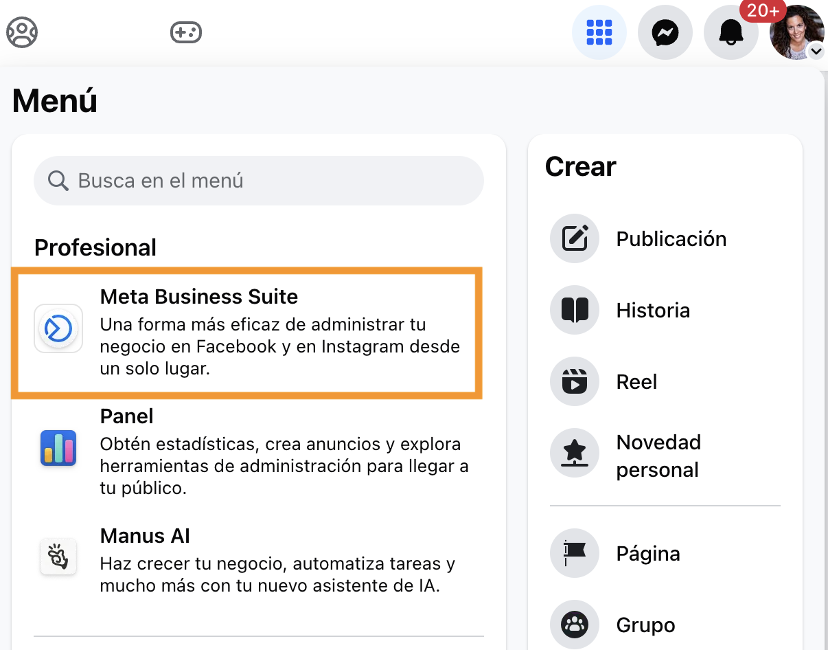 Acceder a Meta Business Suite desde el perfil de Facebook