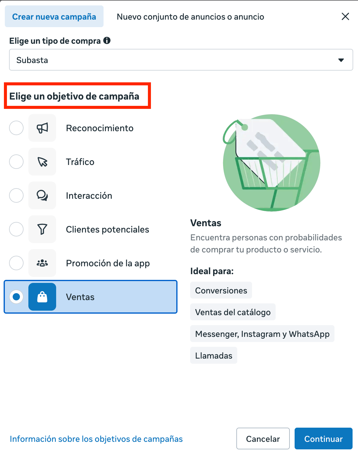 Elegir el objetivo de la campaña publicitaria en el Administrador de anuncios de Meta
