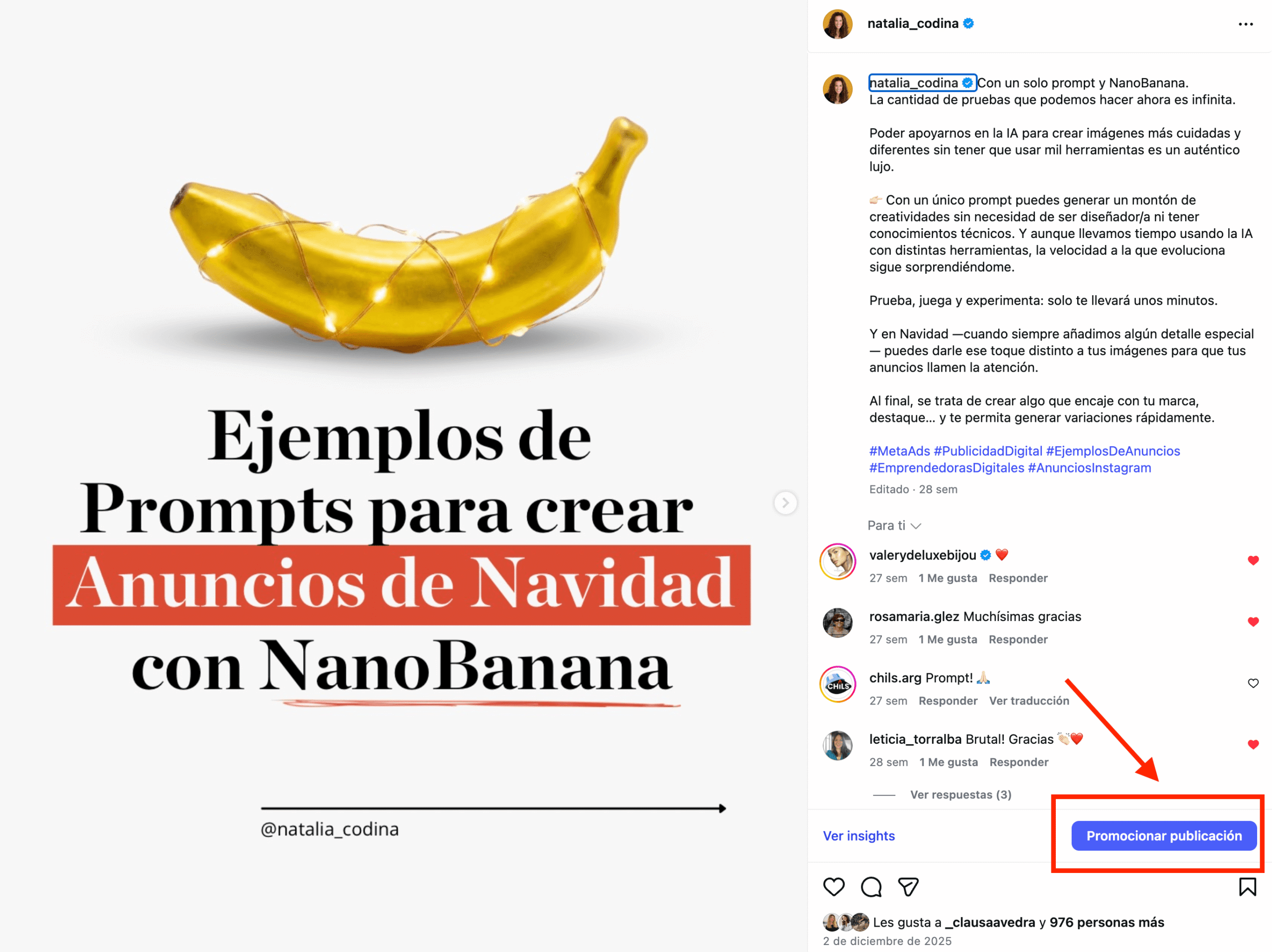Botón de promocionar un post en Facebook e Instagram