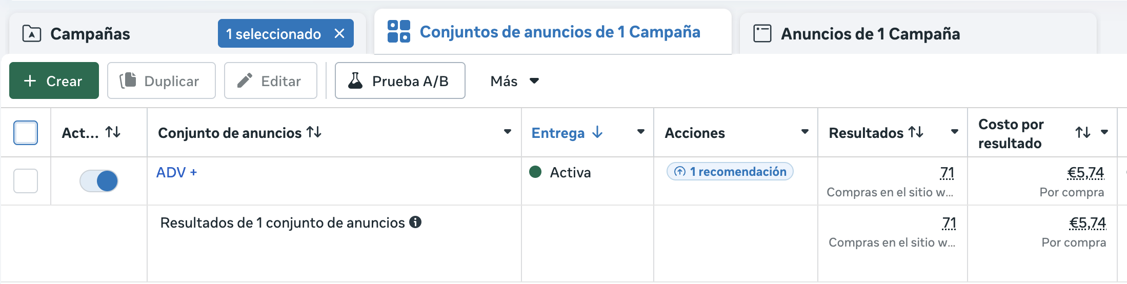 Campaña de Meta Ads con un único conjunto de anuncios y varios anuncios.